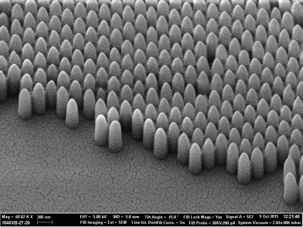 A scanning electron miscroscope photograph shows the pyramid-like nanostructures engraved onto glass, at 200 nm they are 100 times smaller than a human hair.. Controlling the surface morphology at the nanoscale allows scientists us to tailor how the glass interacts with liquids and light with high precision. 