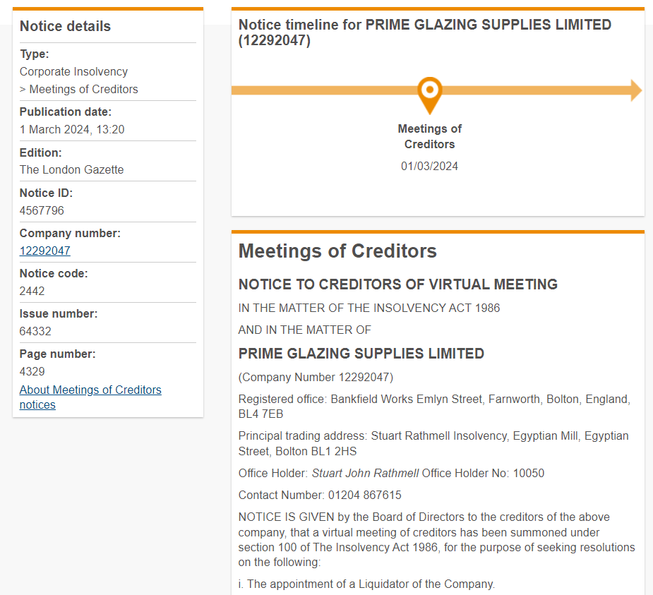 Prime Glazing Supplies notice posted on The Gazette